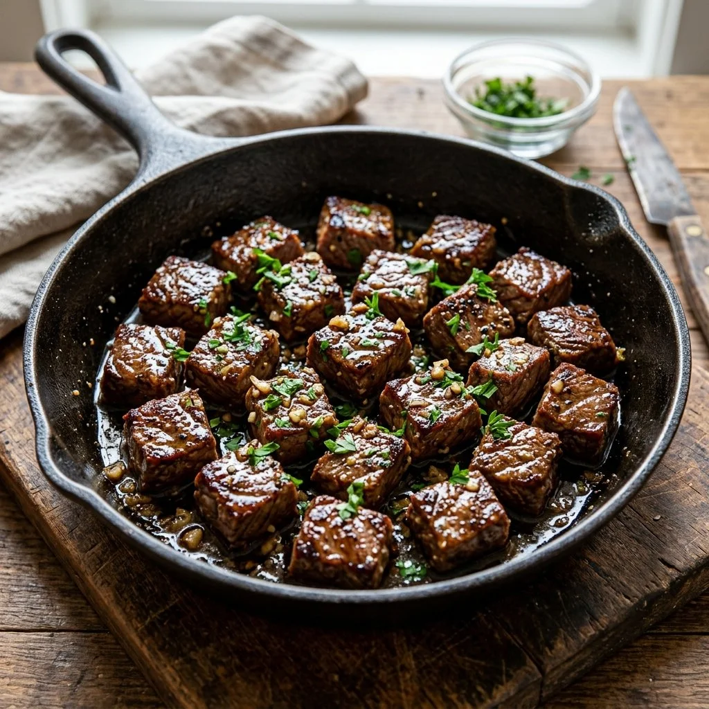Delicious skillet steak bites sizzling in a hot pan with herbs and spices
