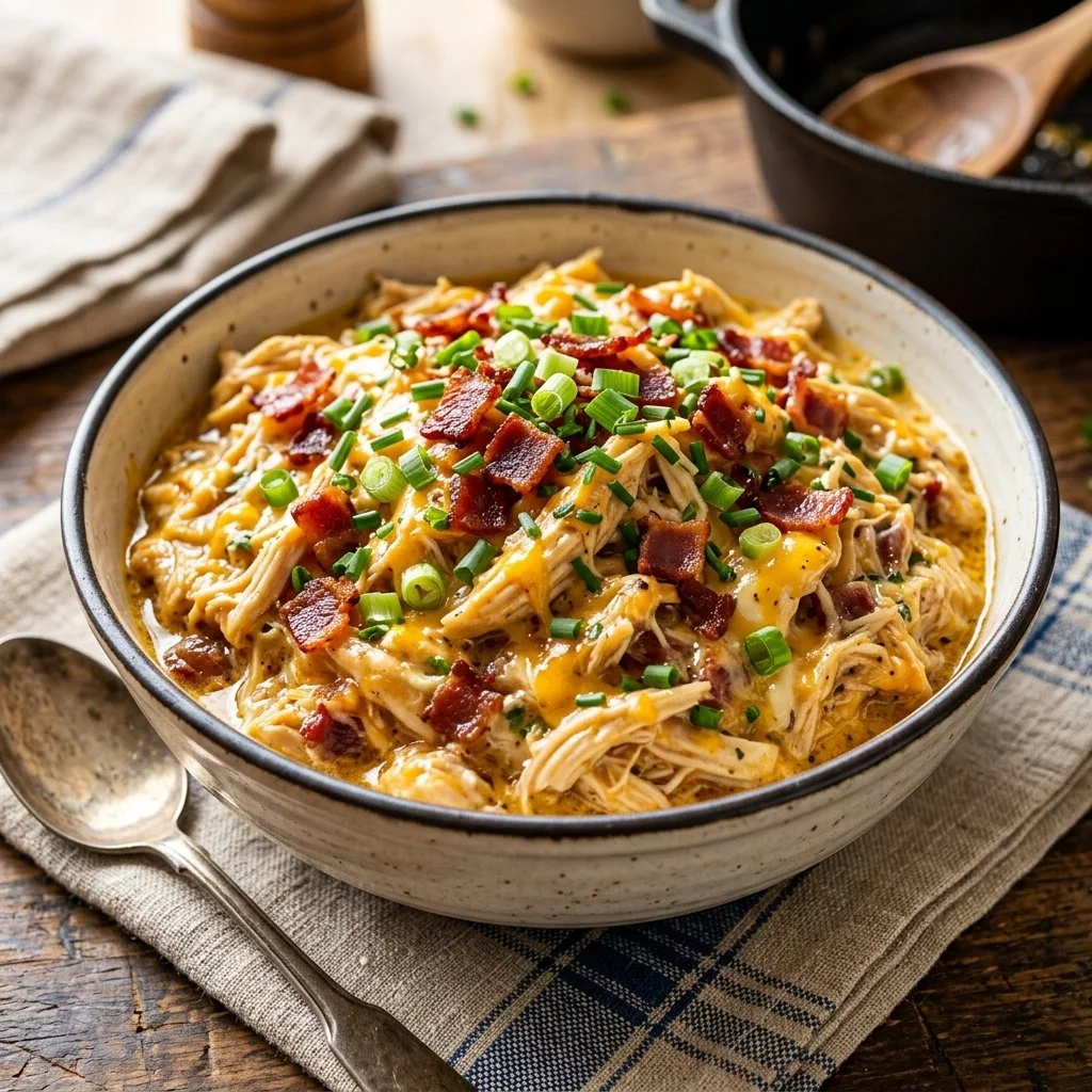 Delicious slow cooker crack chicken served in a bowl with herbs