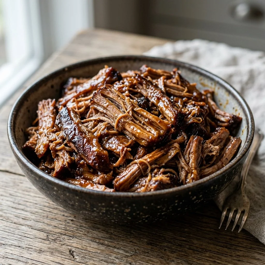 Slow cooker pulled pork served on a bun with BBQ sauce