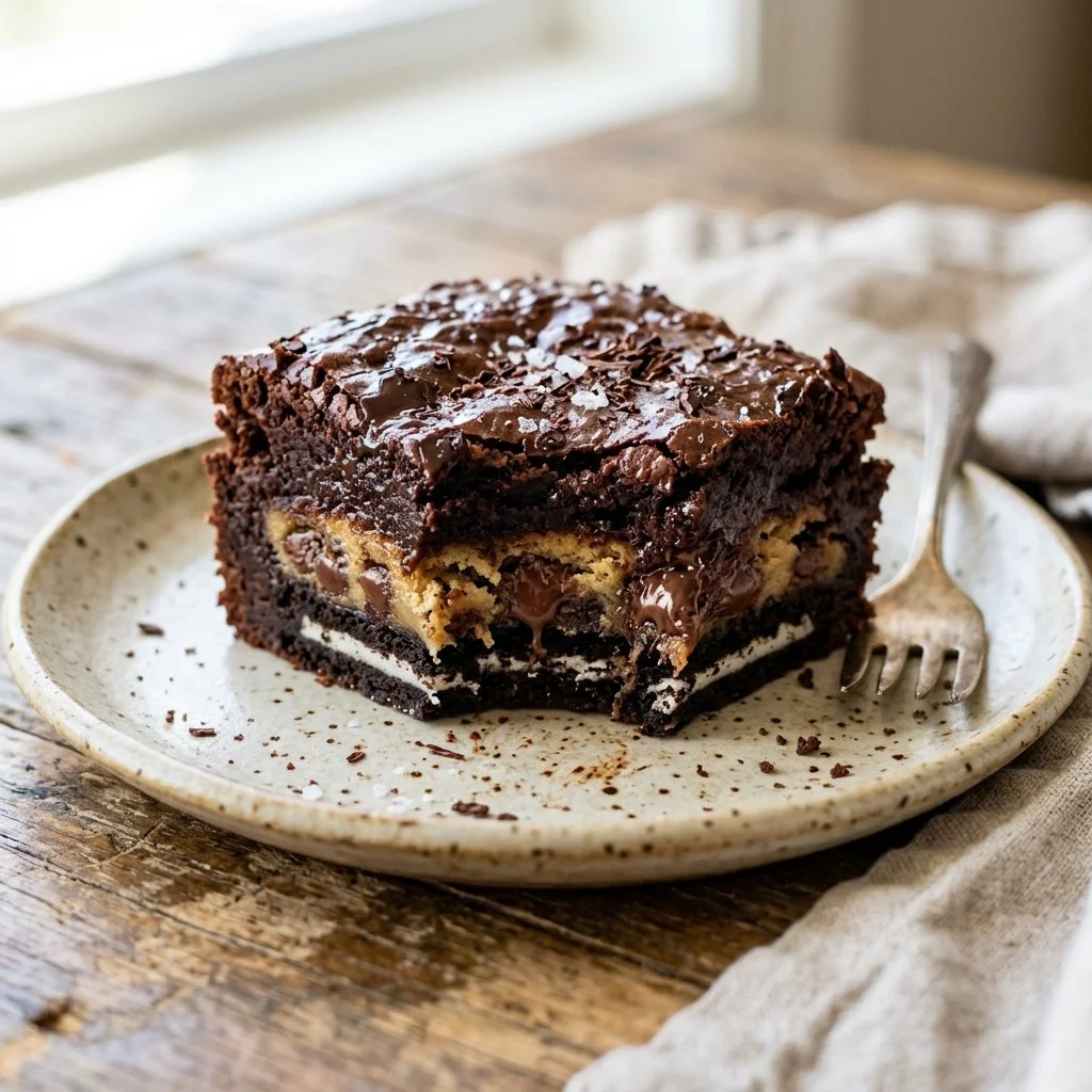 A tempting plate of slutty brownies made with cookie dough, Oreos, and chocolate brownies.