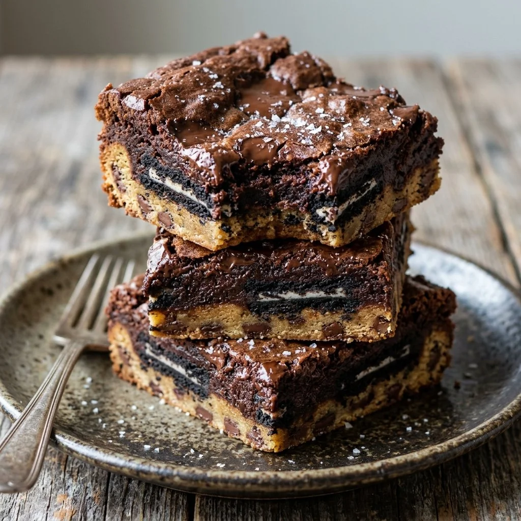 Delicious Slutty Brownies stacked with chocolate chip cookies and brownie layers