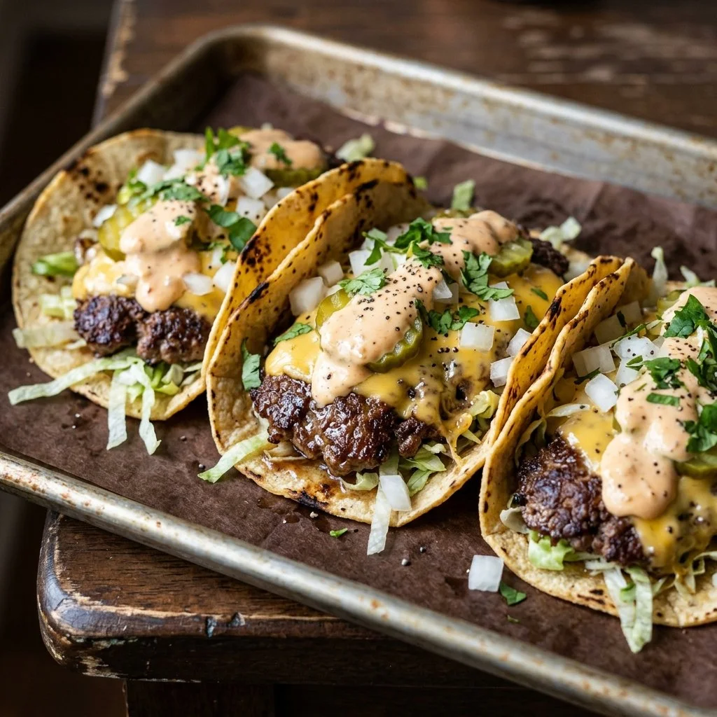 Delicious Smash Burger Tacos topped with fresh ingredients