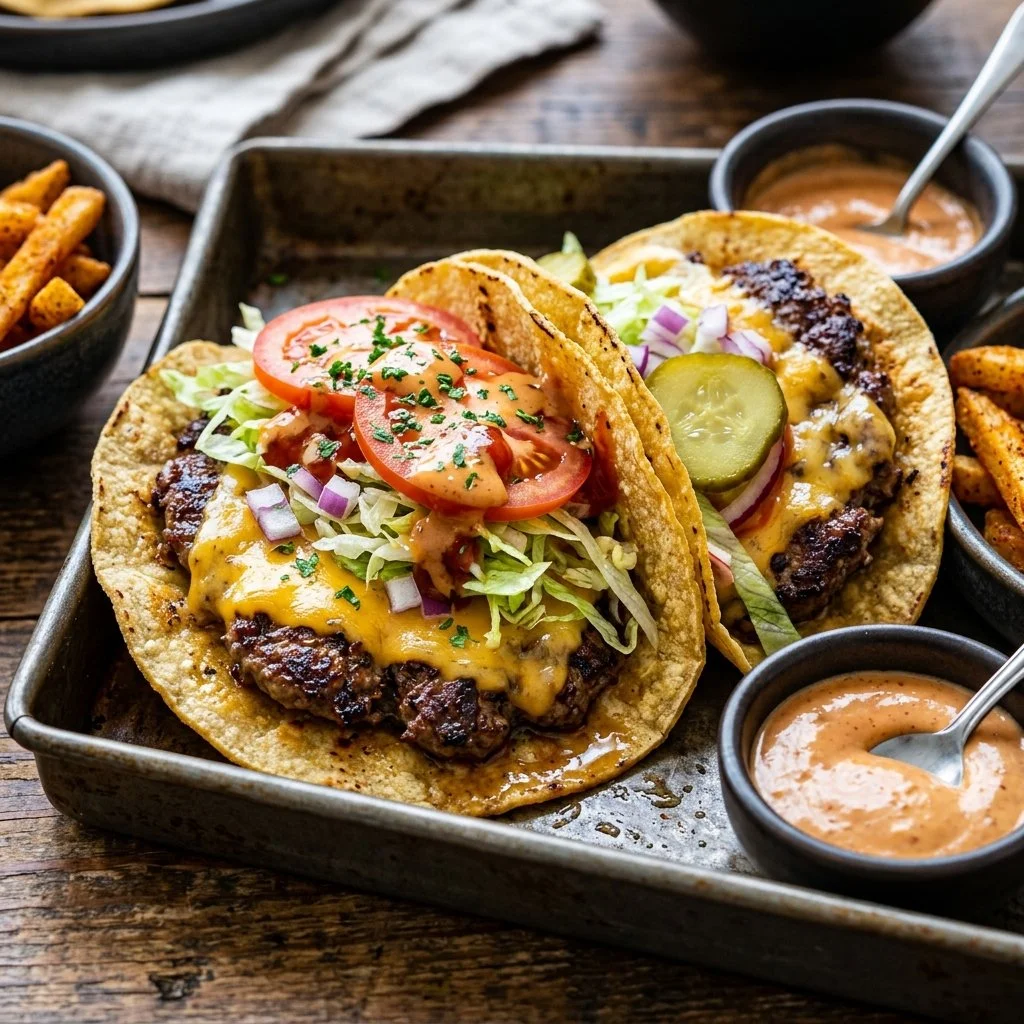 Smash Burger Tacos with juicy patties and fresh toppings served on a plate