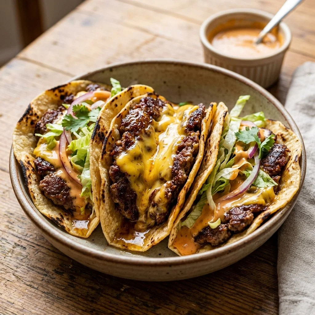 Delicious smash burger tacos served on a plate garnished with toppings.