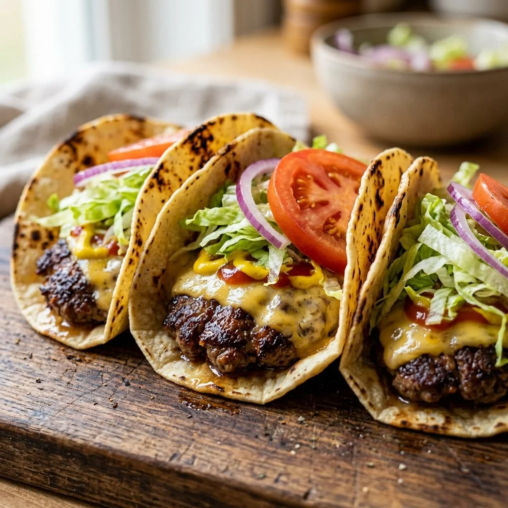 Delicious smash burger tacos with fresh toppings and ingredients