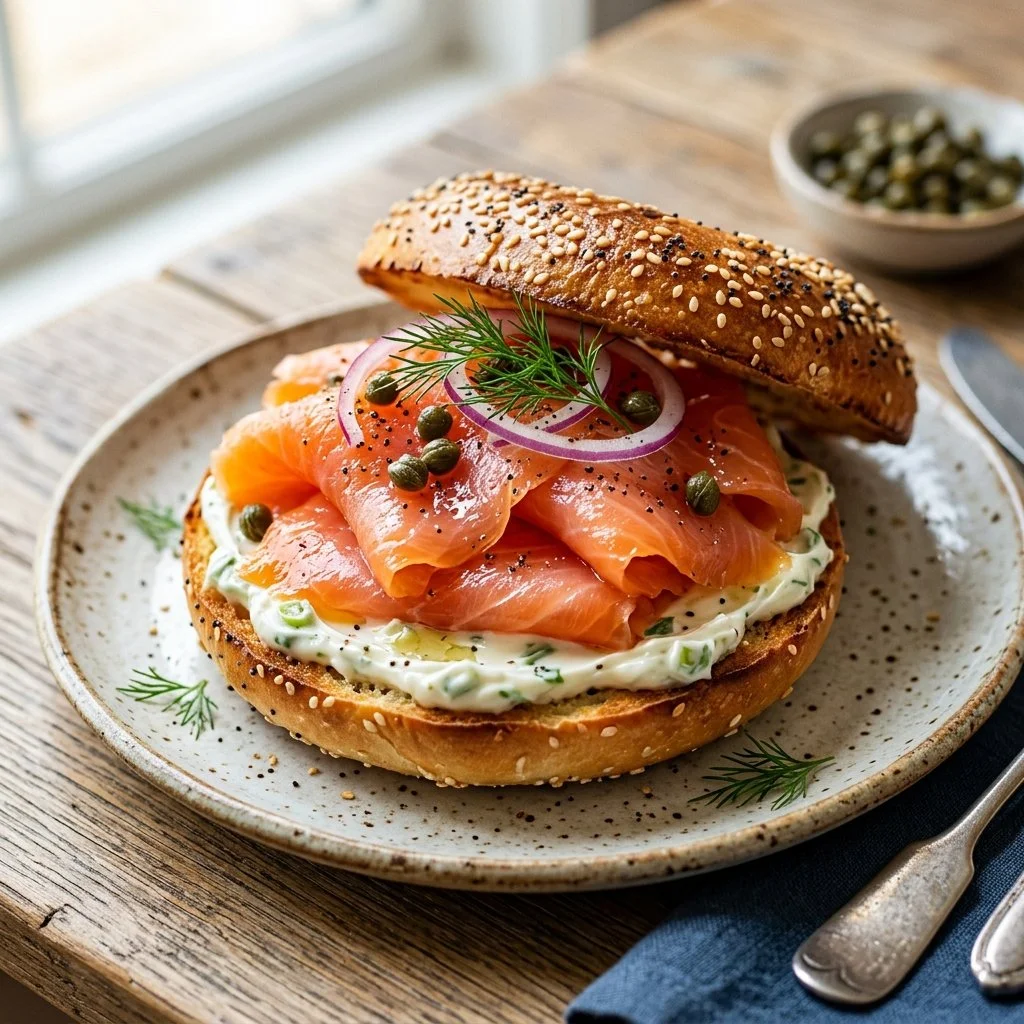 Smoked salmon bagel topped with cream cheese, capers, and herbs