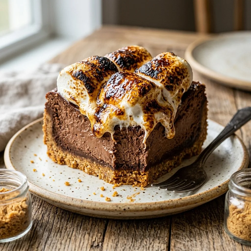 Delicious S'mores Cheesecake topped with graham crackers and chocolate