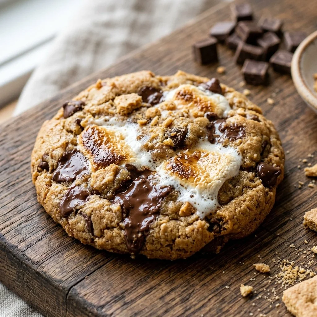 Freshly baked S'mores Cookies with chocolate and marshmallows on a plate