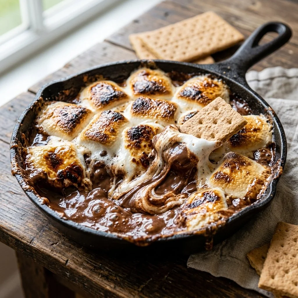 Delicious S'mores Dip with melted chocolate and marshmallows served with graham crackers