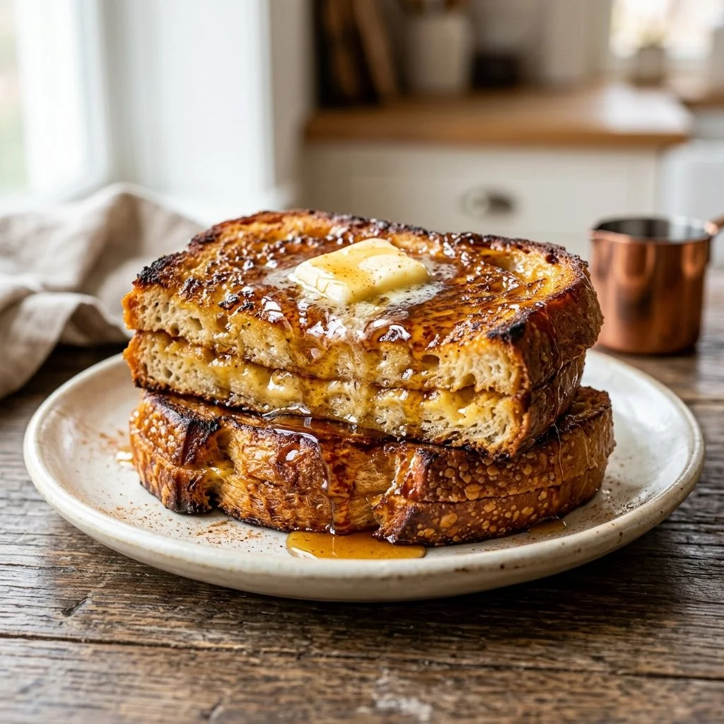 Deliciously plated sourdough French toast topped with syrup and berries