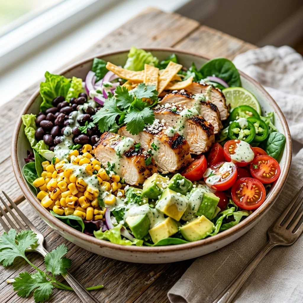 Bowl of colorful Southwest Chicken Salad with grilled chicken and fresh vegetables
