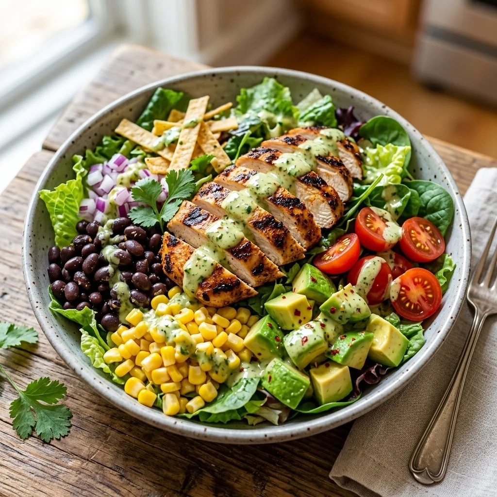 Delicious Southwest Chicken Salad topped with fresh vegetables and zesty dressing