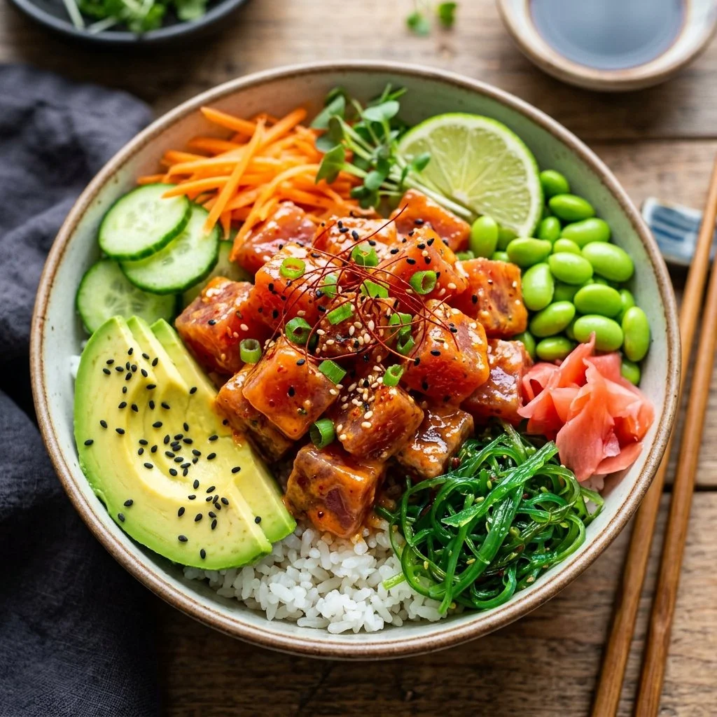 Delicious spicy tuna bowls garnished with fresh vegetables and sauces