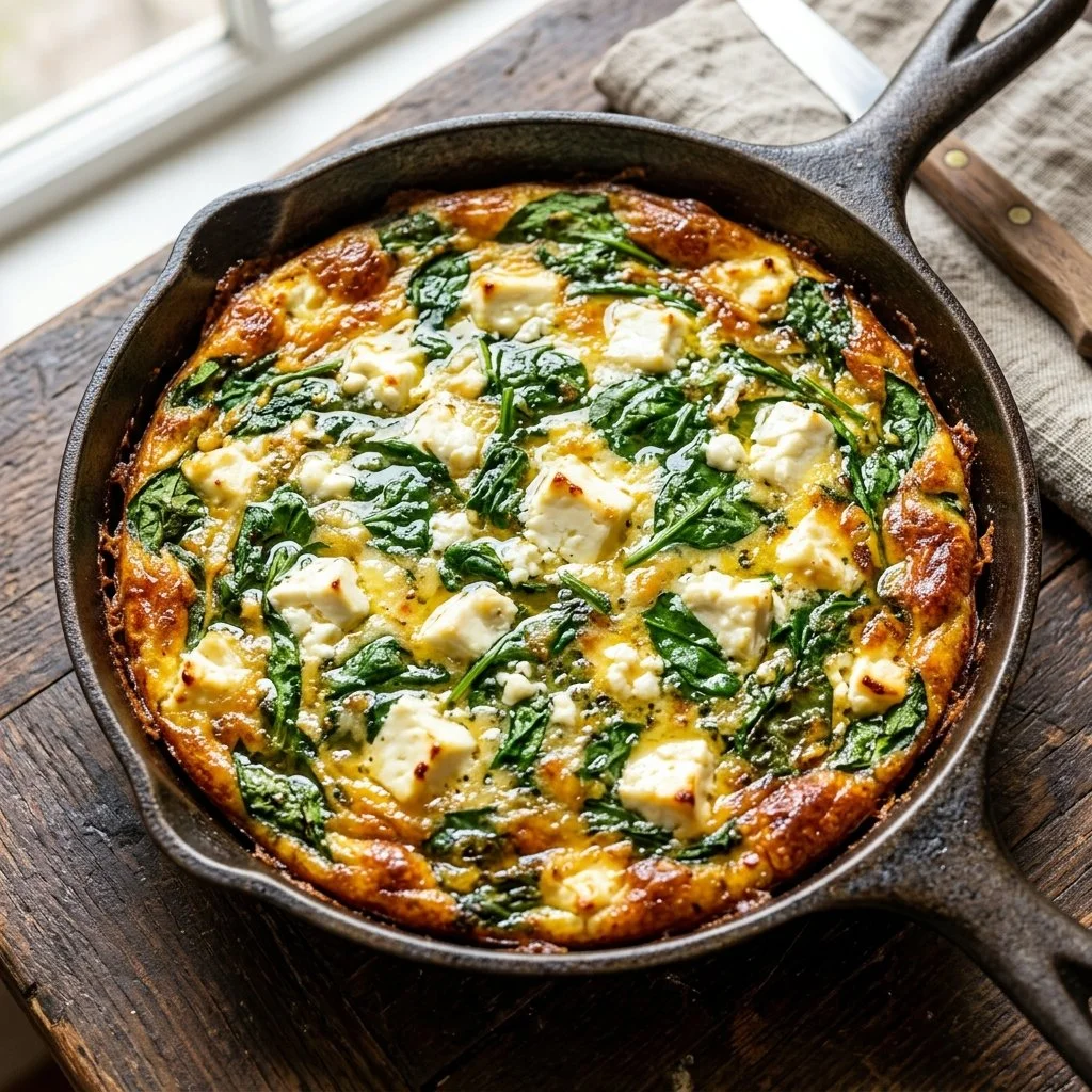 Delicious spinach and feta frittata served on a white plate