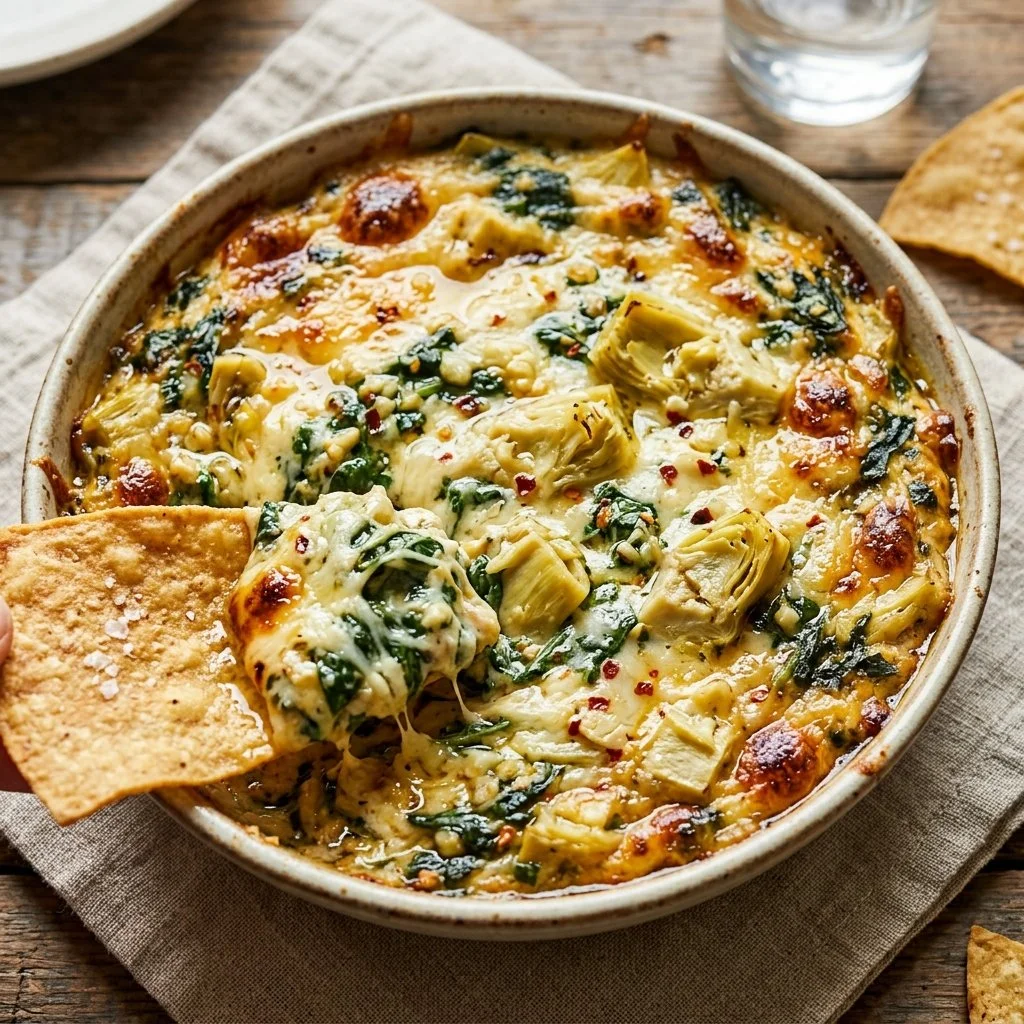 Creamy Spinach Artichoke Dip served with crispy bread and veggies