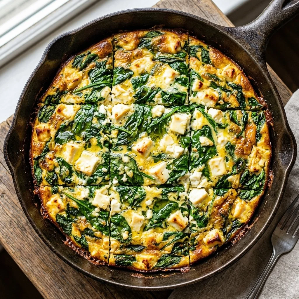 Delicious Spinach Feta Frittata served on a plate, garnished and ready to enjoy.