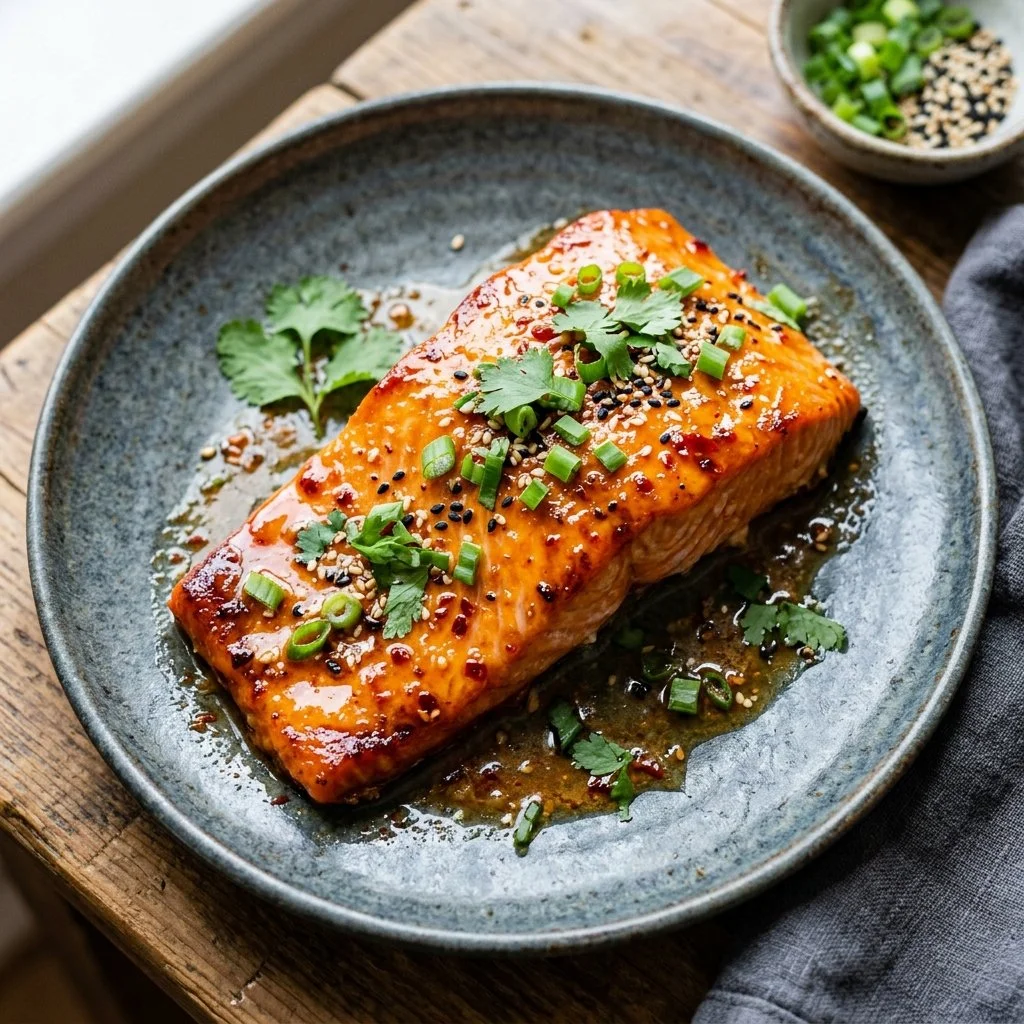 Plate of Sriracha Mayo Salmon garnished with fresh herbs and lime.