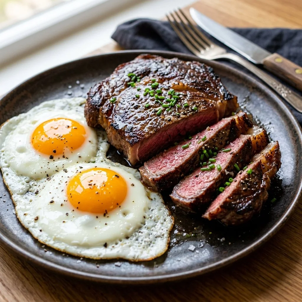 Delicious steak and eggs served on a plate with fresh herbs