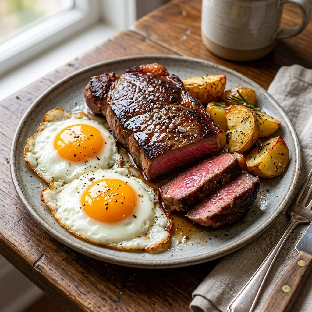 Delicious steak and eggs breakfast served on a plate with garnish