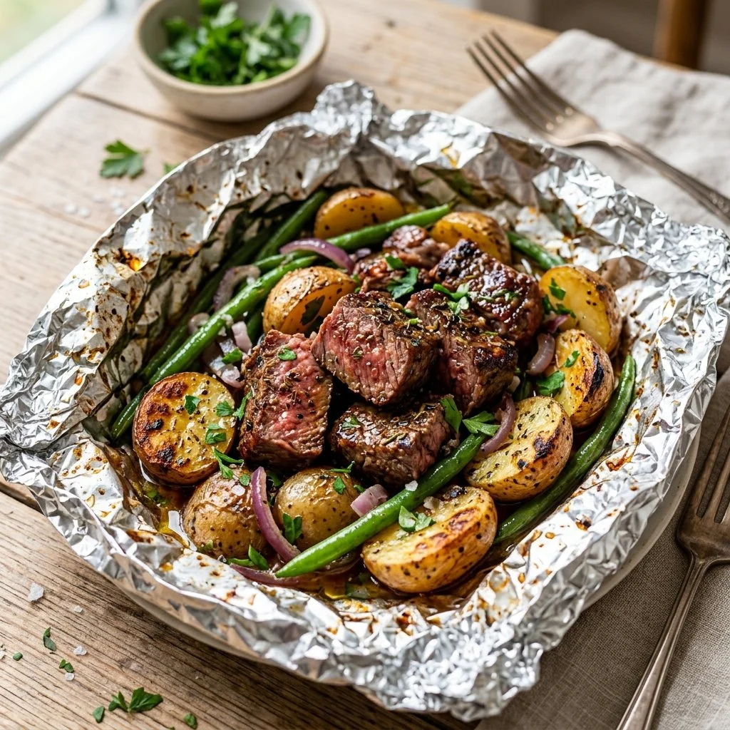 Steak and potato foil packets ready for cooking on a grill or in the oven