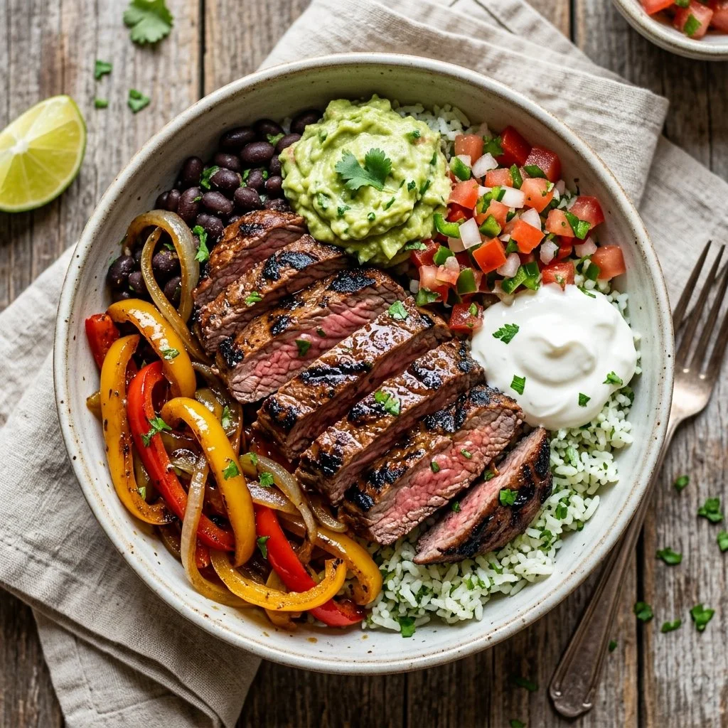 Colorful steak fajita bowls with grilled vegetables and toppings