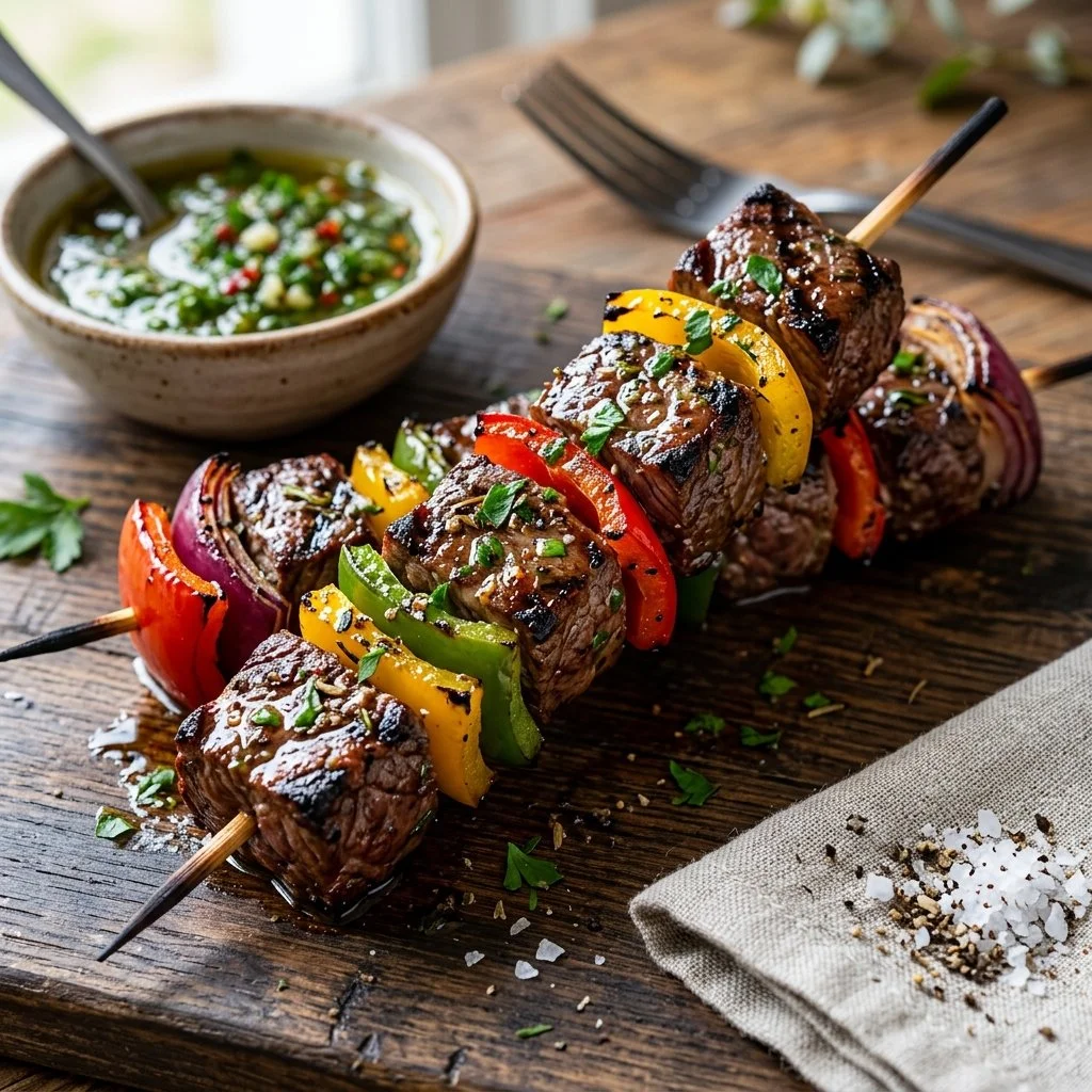 Grilled steak kabobs with vegetables on skewers, ready to serve