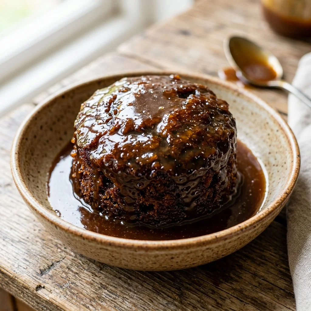 Delicious sticky toffee pudding served with creamy sauce on a plate.