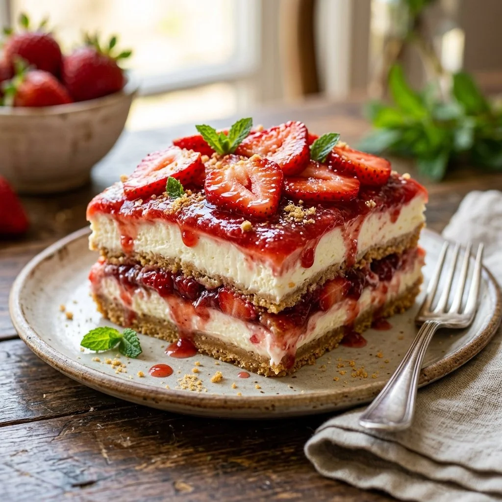Strawberry cheesecake lasagna with layers of cream and fresh strawberries