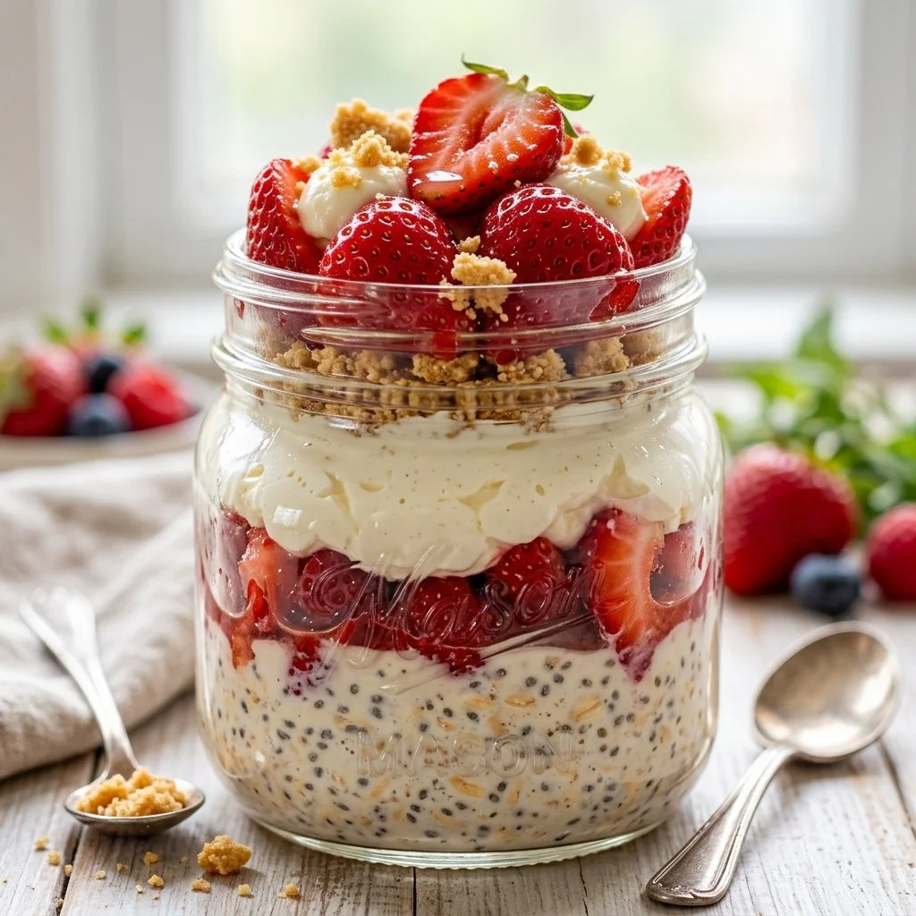 Bowl of strawberry cheesecake overnight oats topped with fresh strawberries and crumbs.