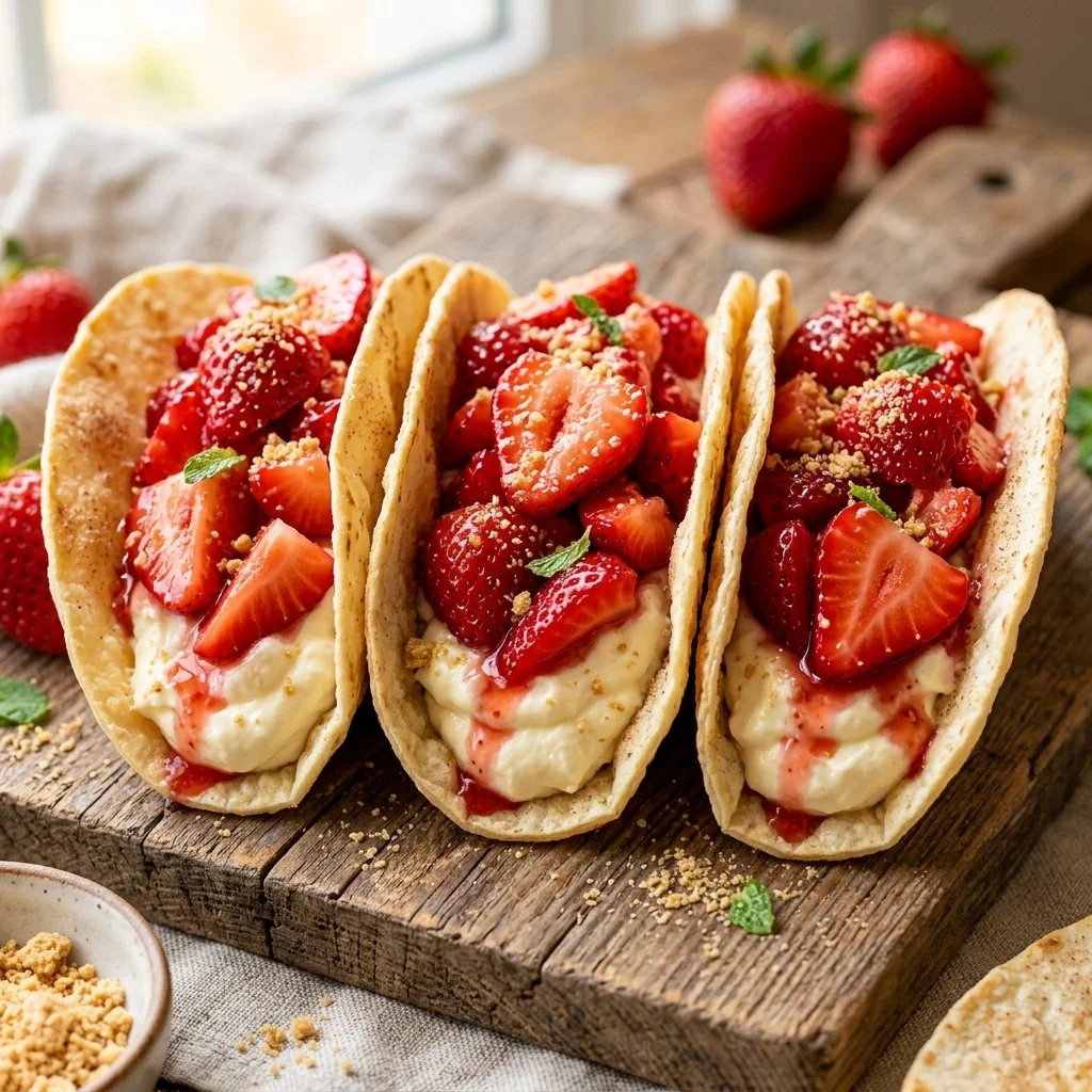Strawberry cheesecake tacos served on a plate with fresh strawberries