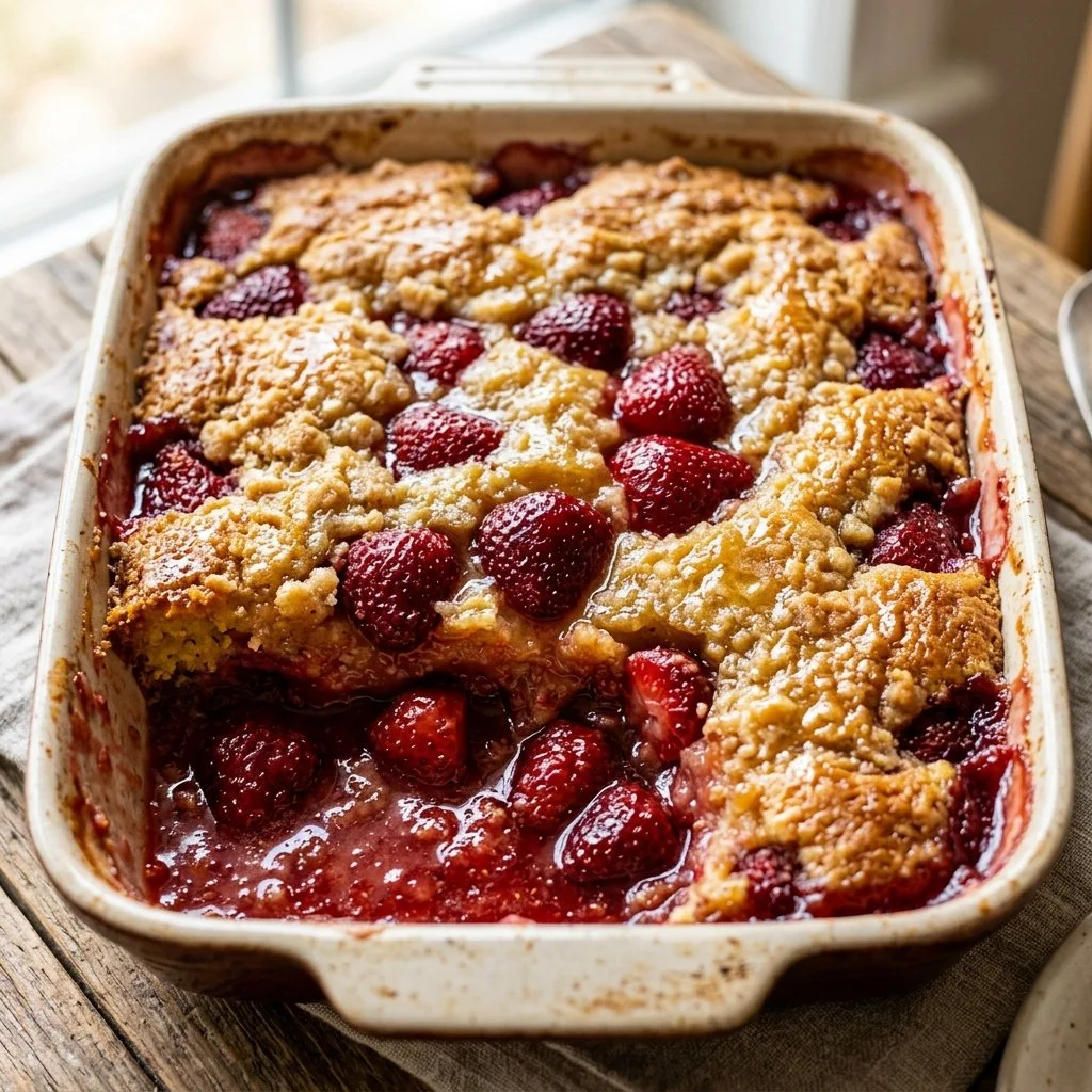 Delicious homemade Strawberry Dump Cake served in a baking dish