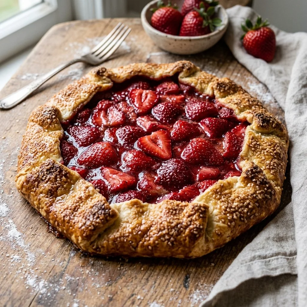 Freshly baked strawberry galette on a rustic wooden table