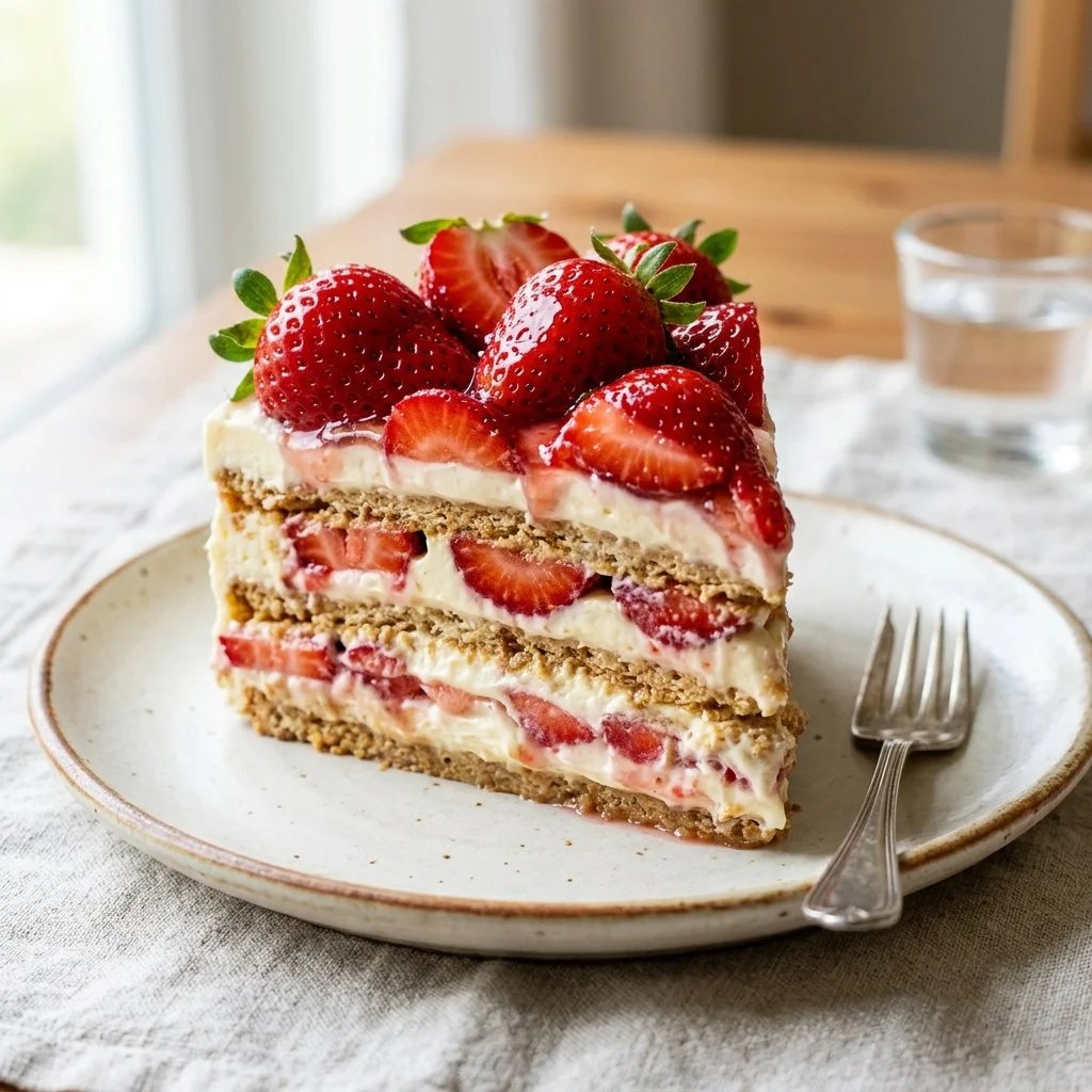 Delicious homemade Strawberry Icebox Cake with fresh strawberries and whipped cream.