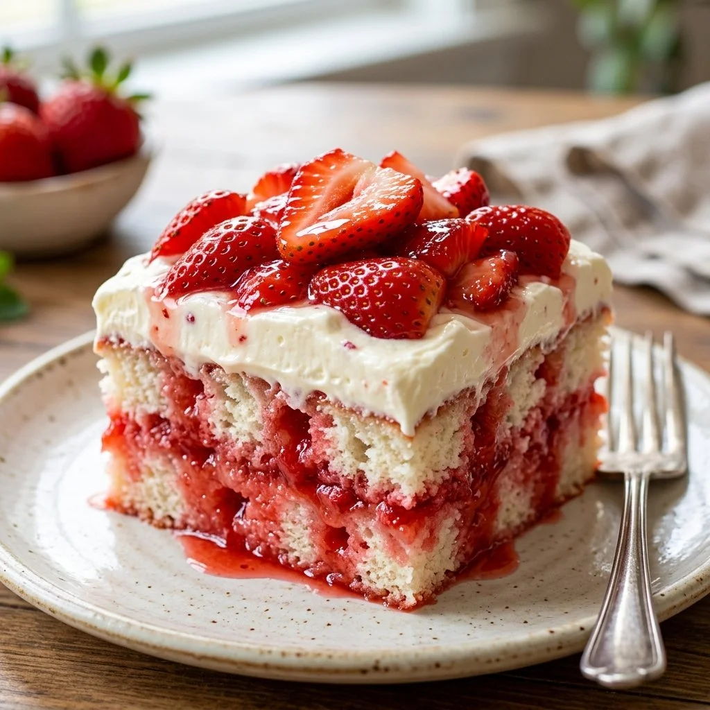 Delicious strawberry poke cake topped with fresh strawberries and whipped cream