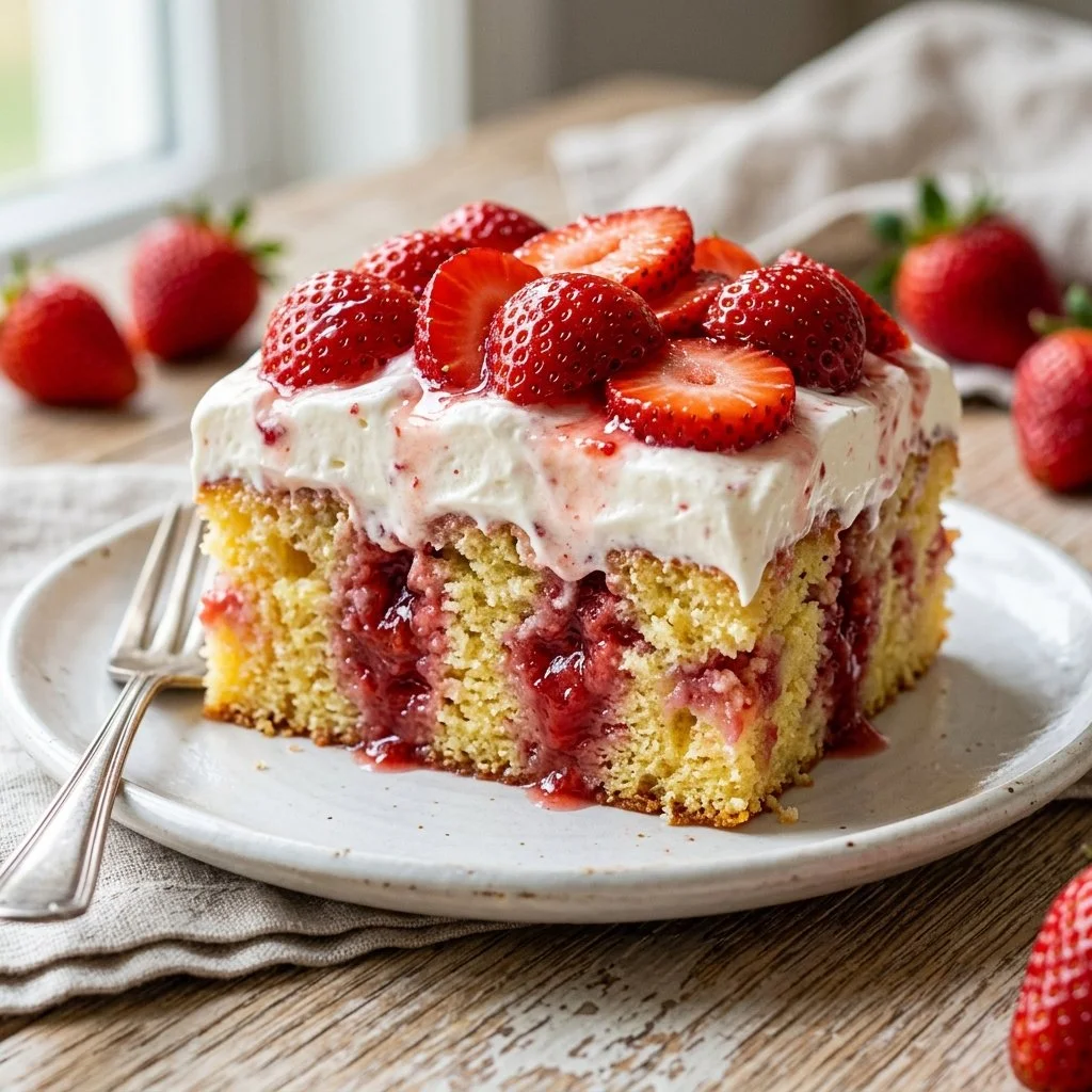 Delicious strawberry poke cake topped with whipped cream and fresh strawberries