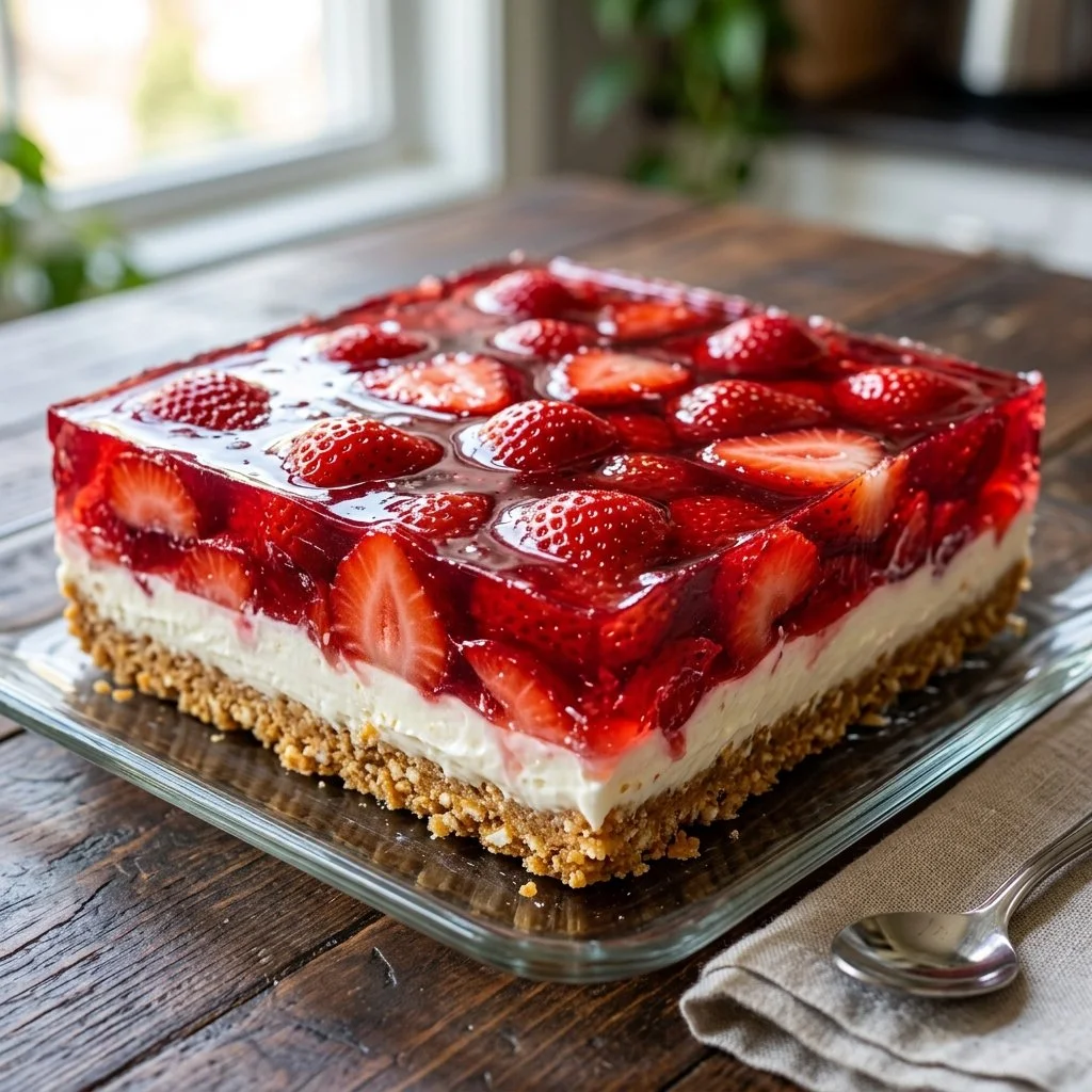 Delicious Strawberry Pretzel Salad with cream, strawberries, and pretzel crust.