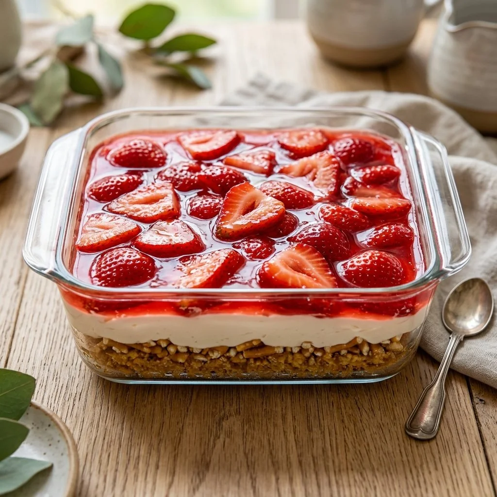 Delicious Strawberry Pretzel Salad with strawberries and pretzels in a dessert dish