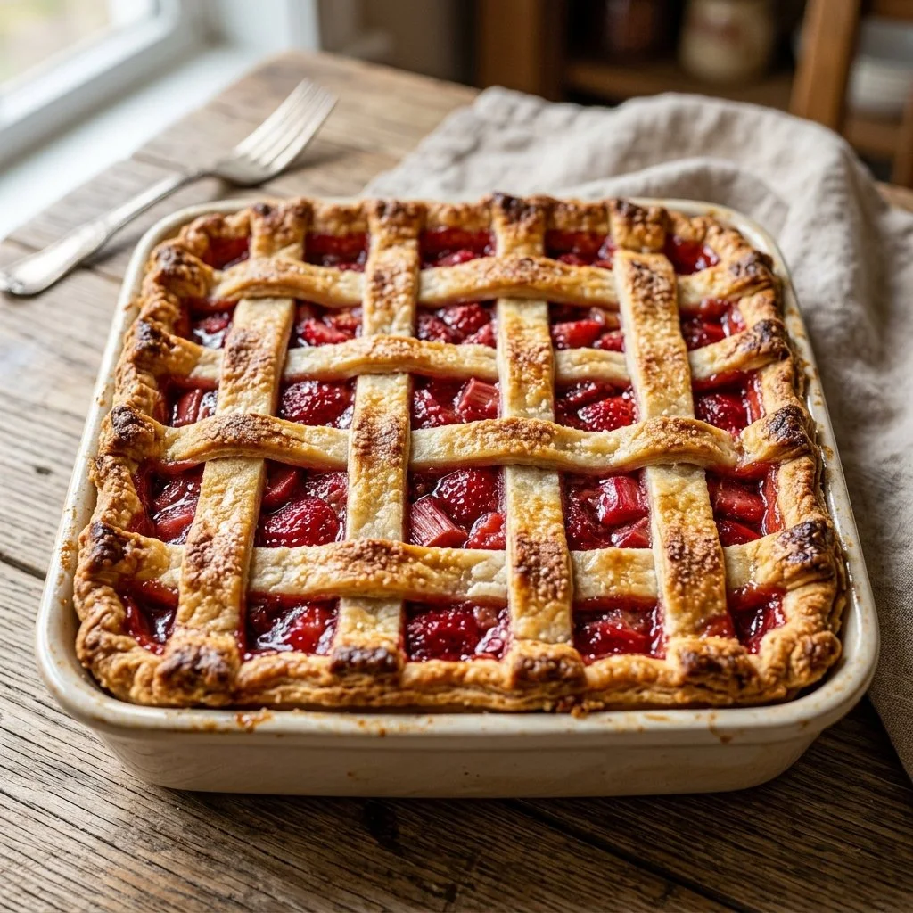 Delicious homemade Strawberry Rhubarb Pie served with fresh strawberries