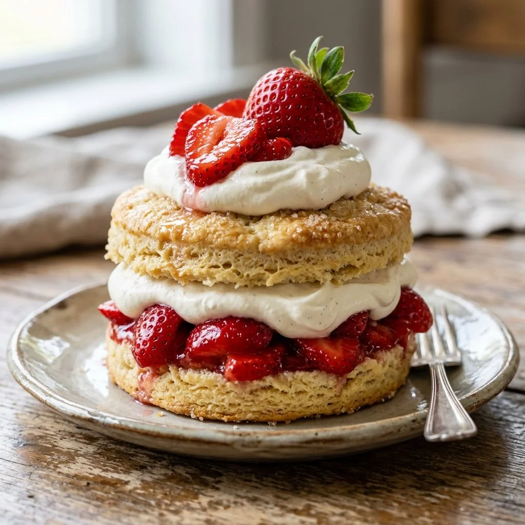 Delicious strawberry shortcake topped with fresh strawberries and whipped cream