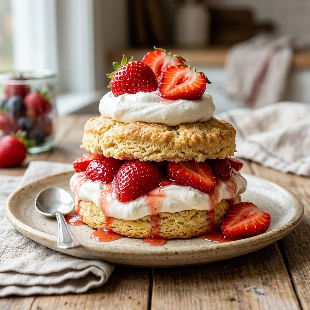 Delicious homemade Strawberry Shortcake topped with fresh strawberries and whipped cream
