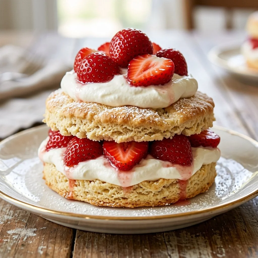 Delicious strawberry shortcake topped with fresh strawberries and whipped cream