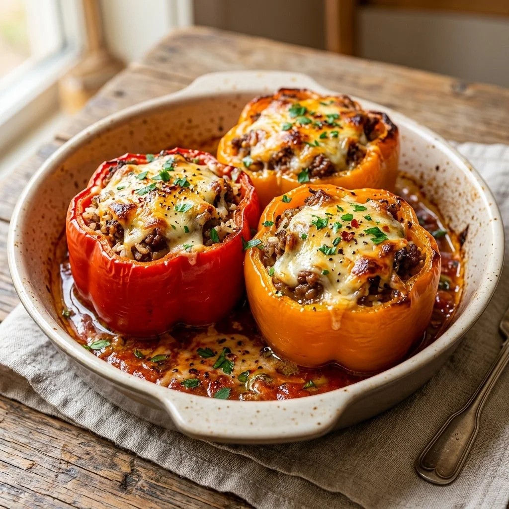 Colorful stuffed bell peppers filled with rice, meat, and vegetables.