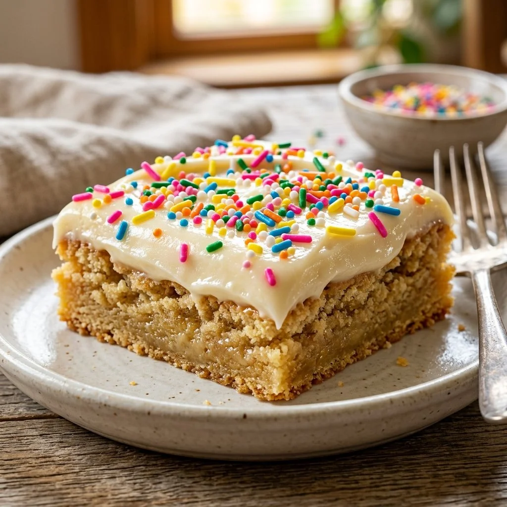 Delicious sugar cookie bars topped with colorful frosting and sprinkles.