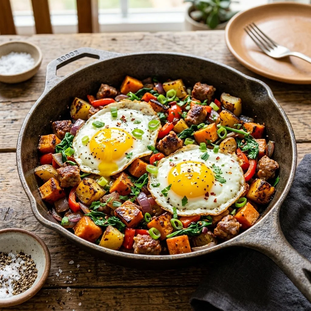 Delicious sweet potato breakfast hash with eggs and vegetables.