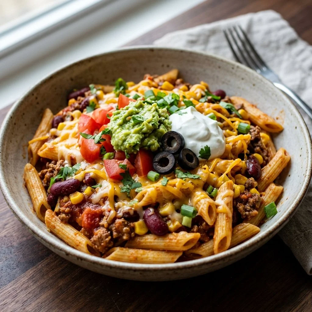A bowl of taco pasta garnished with cheese and cilantro, showcasing a delicious fusion dish.