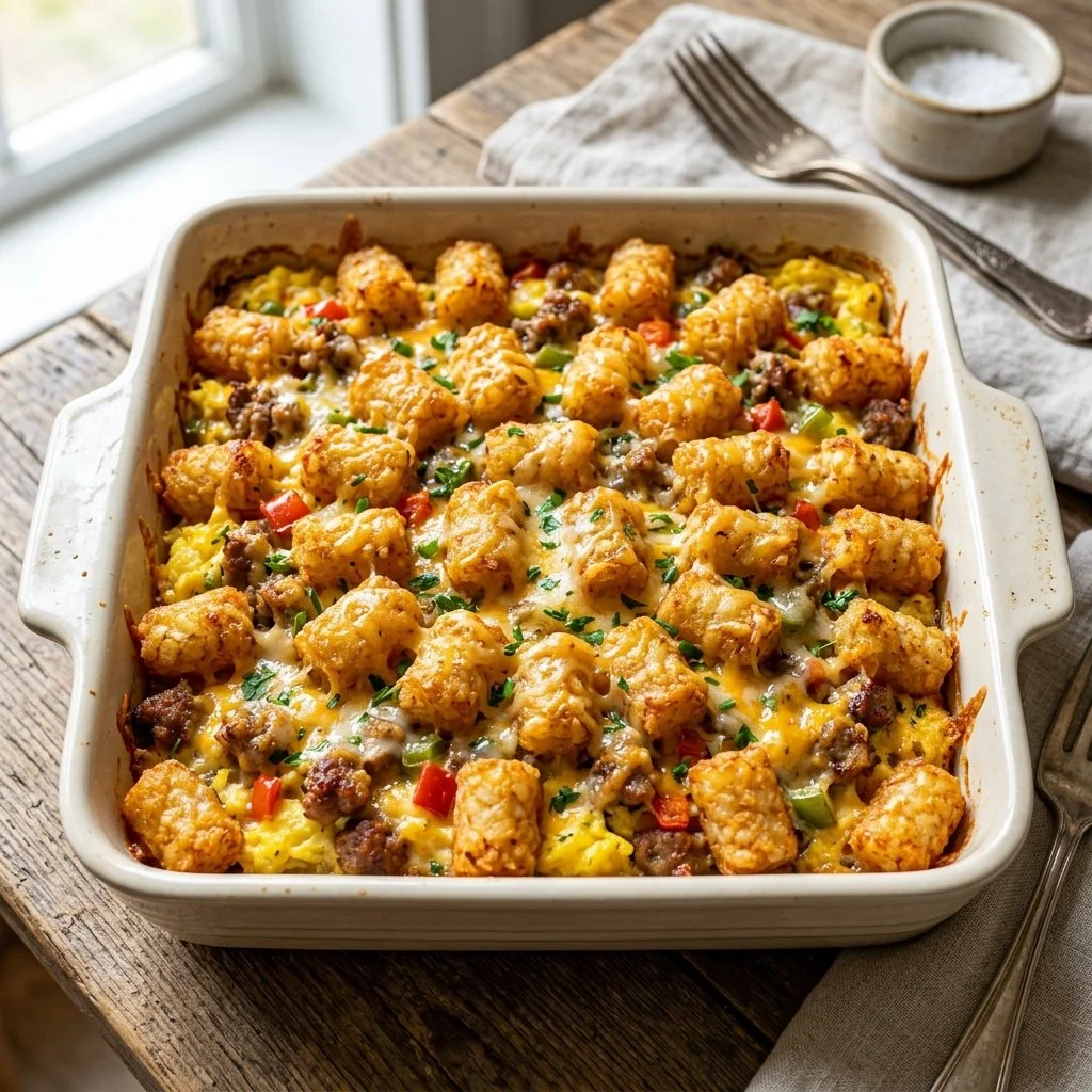 Delicious Tater Tot breakfast casserole served in a baking dish.