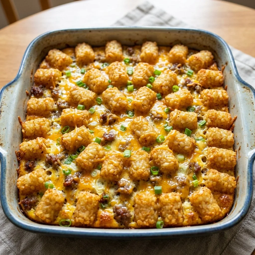 Tater Tots Breakfast Casserole with eggs, cheese, and seasonings in a baking dish