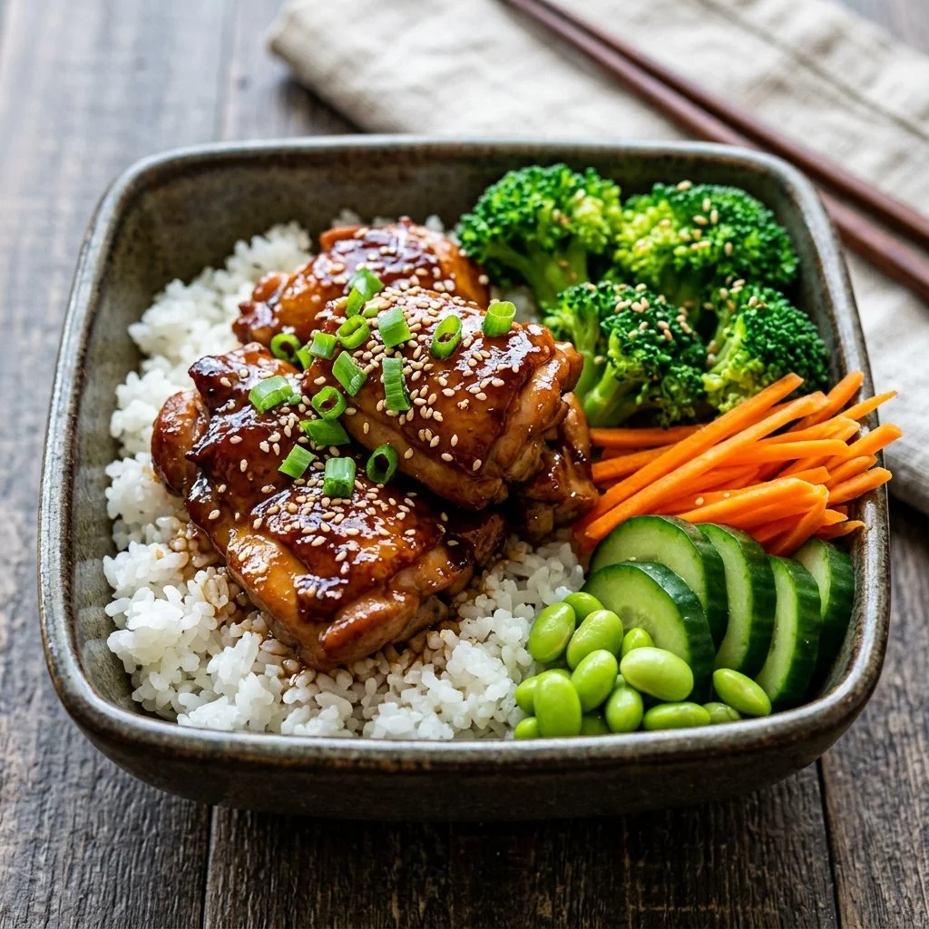 Delicious teriyaki chicken bowl with fresh vegetables and rice