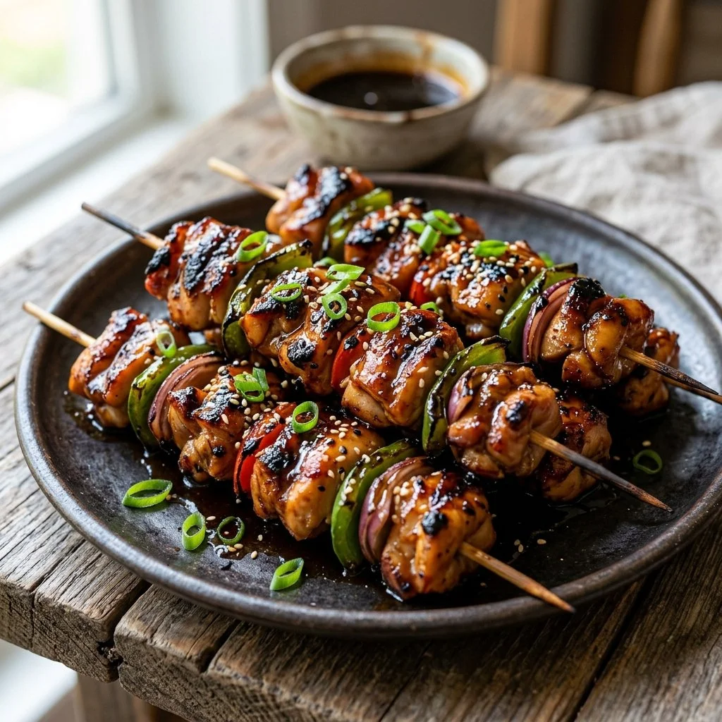 Grilled teriyaki chicken skewers with colorful vegetables on a platter