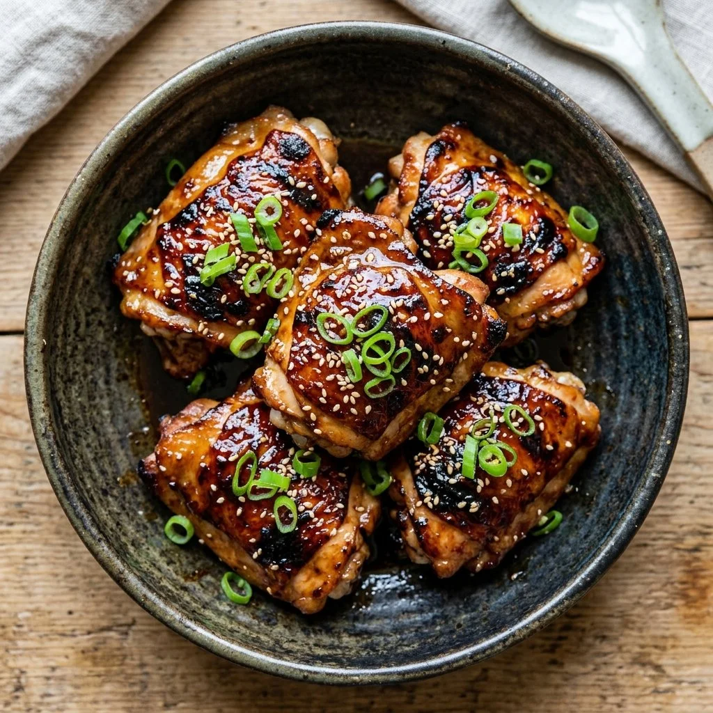 Deliciously grilled teriyaki chicken thighs garnished and ready to serve